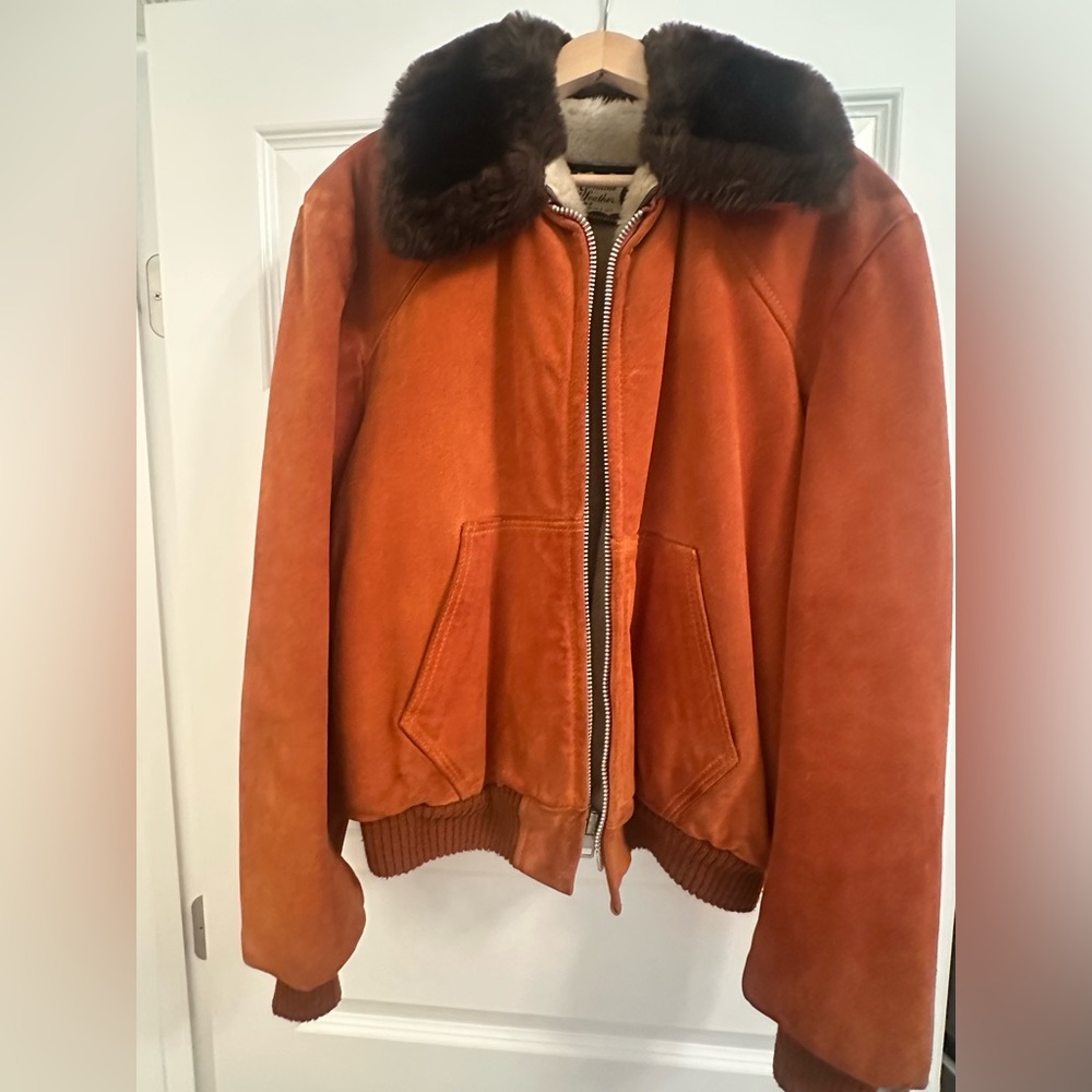 Vintage Suede Rust Bomber Jacket Sherpa Lined with Fur Collar